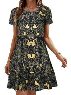 Women's Golden Buttefly Short Sleeve Floral Sundress Beach Cover Mini Dress